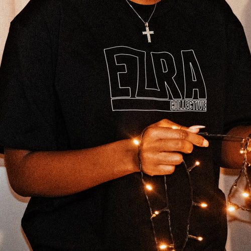 Black EZ logo tee with outlined font